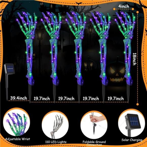 Halloween Decorations 5 Pack Solar Powered Skeleton Arm StakesLights 110pcs - Picture 2 of 8